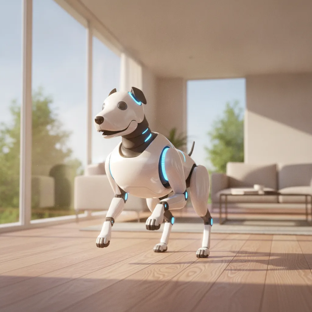 Chien robot blanc aux accents LED bleus dans un salon lumineux