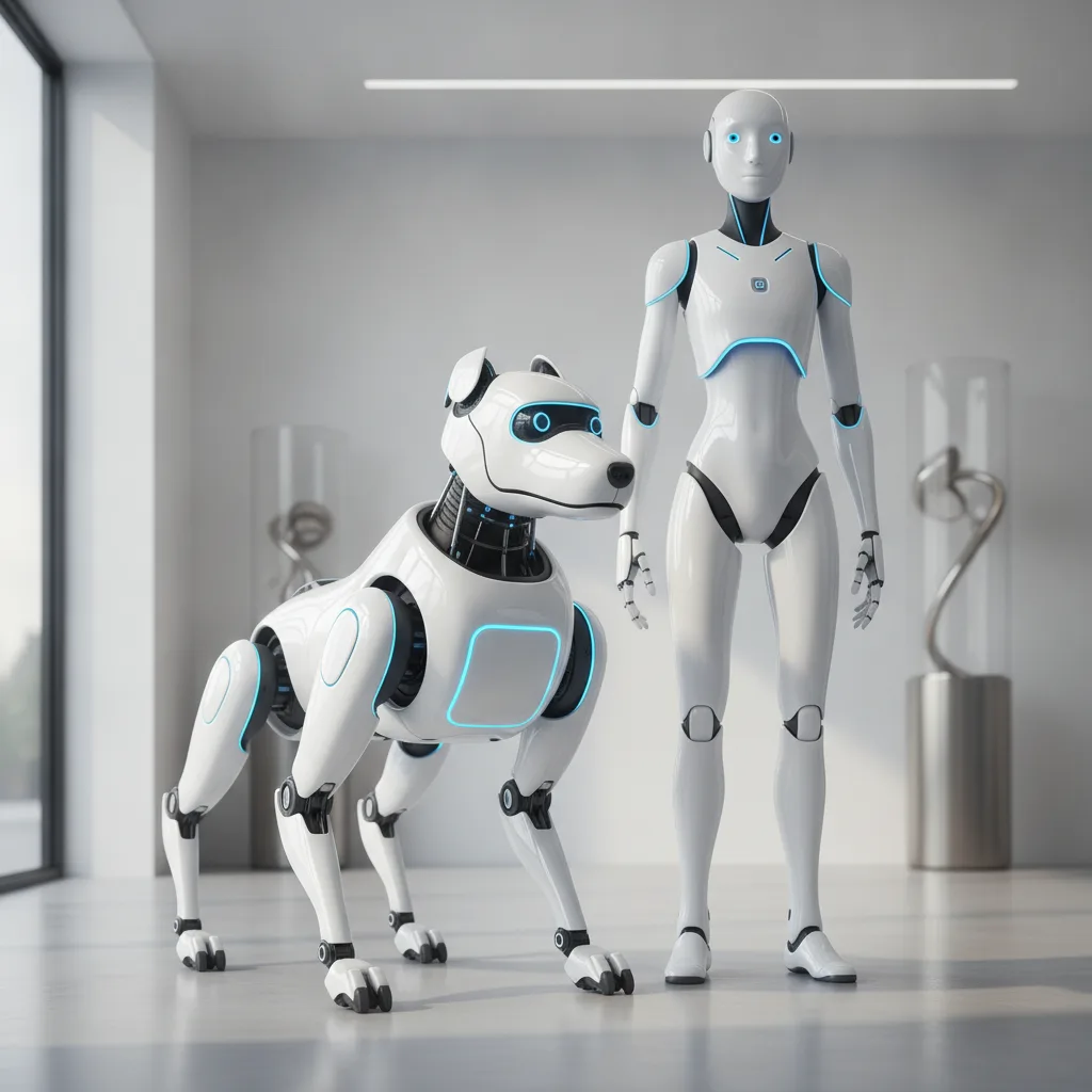 Robot quadrupède et robot humanoïde Unitree blancs aux accents LED bleus